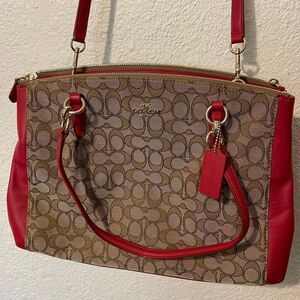 Coach Red and Tan Shoulder Bag with Signature Monogram